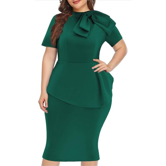Women's Sz 2XL Green Short Sleeve Peplum Bodycon Bow Ruffle Pencil Dress - Picture 1 of 16